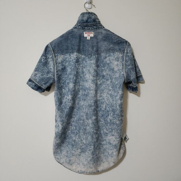 True Religion Mens Western Woven Shirt Short Sleeve Acid Wash Blue Denim Size S - Picture 5 of 12